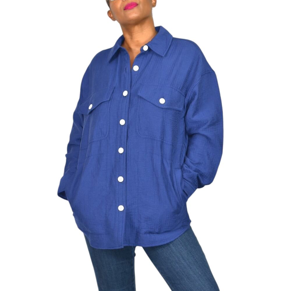 Madewell Oversized Shacket Blue Pockets Textured Crinkled Shirt Jacket Small
